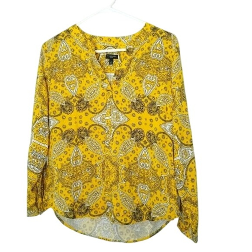 Talbots‎ NWOT Petite Yellow Paisley Long Sleeve Blouse Top Peasant Loose Fit S